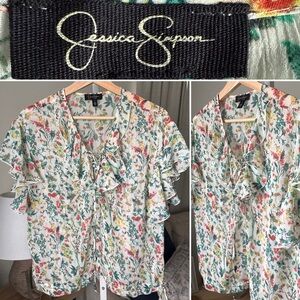 Jessica Simpson Floral Top Semi Sheer Ties at Neck and Hem Flutter Sleeve Size M